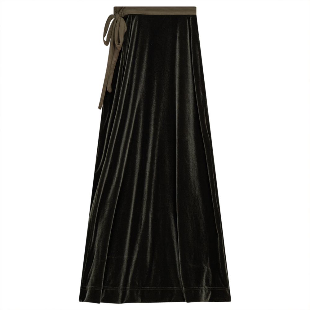 Wrap Velour Long Skirt Olive