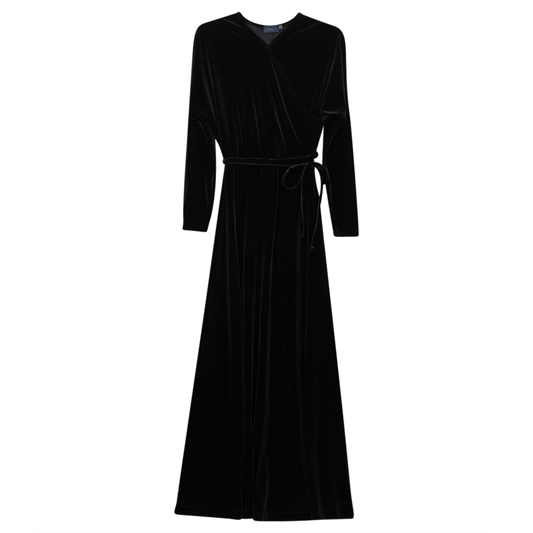Diagonal Velour Wrap Dress Black