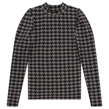 Puffed Shoulders Top With Semi Turtle Neck Print