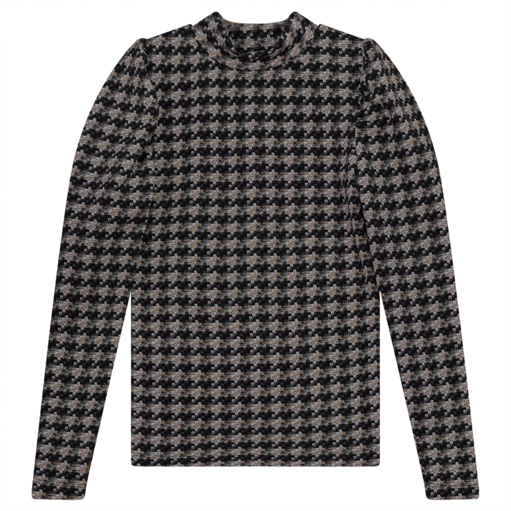 Puffed Shoulders Top With Semi Turtle Neck Print