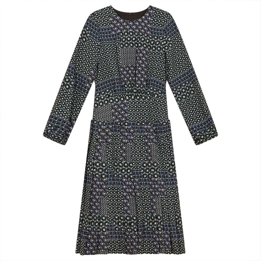 Dress with Knife Pleats Green Print