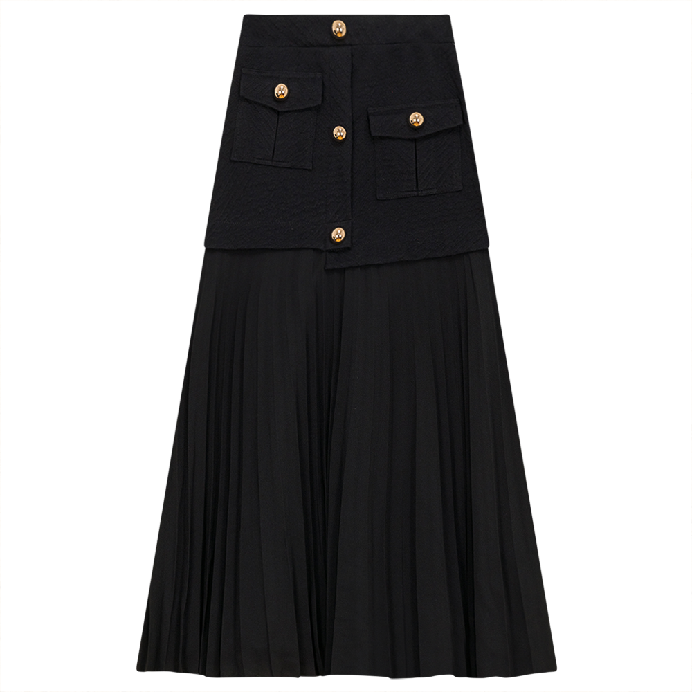 Pleated MIDI Skirt with Pockets Black
