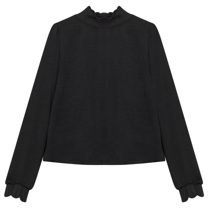Mock Neck Top with Elastic Rib Lace Black
