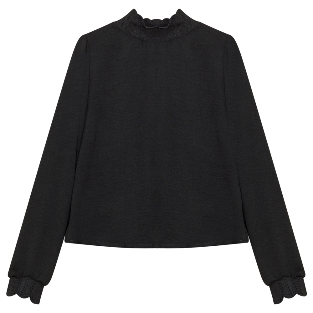 Mock Neck Top with Elastic Rib Lace Black