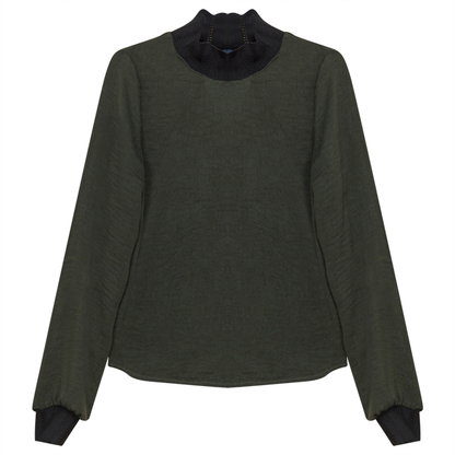 Mock Neck Top with Elastic Rib Lace olive olive