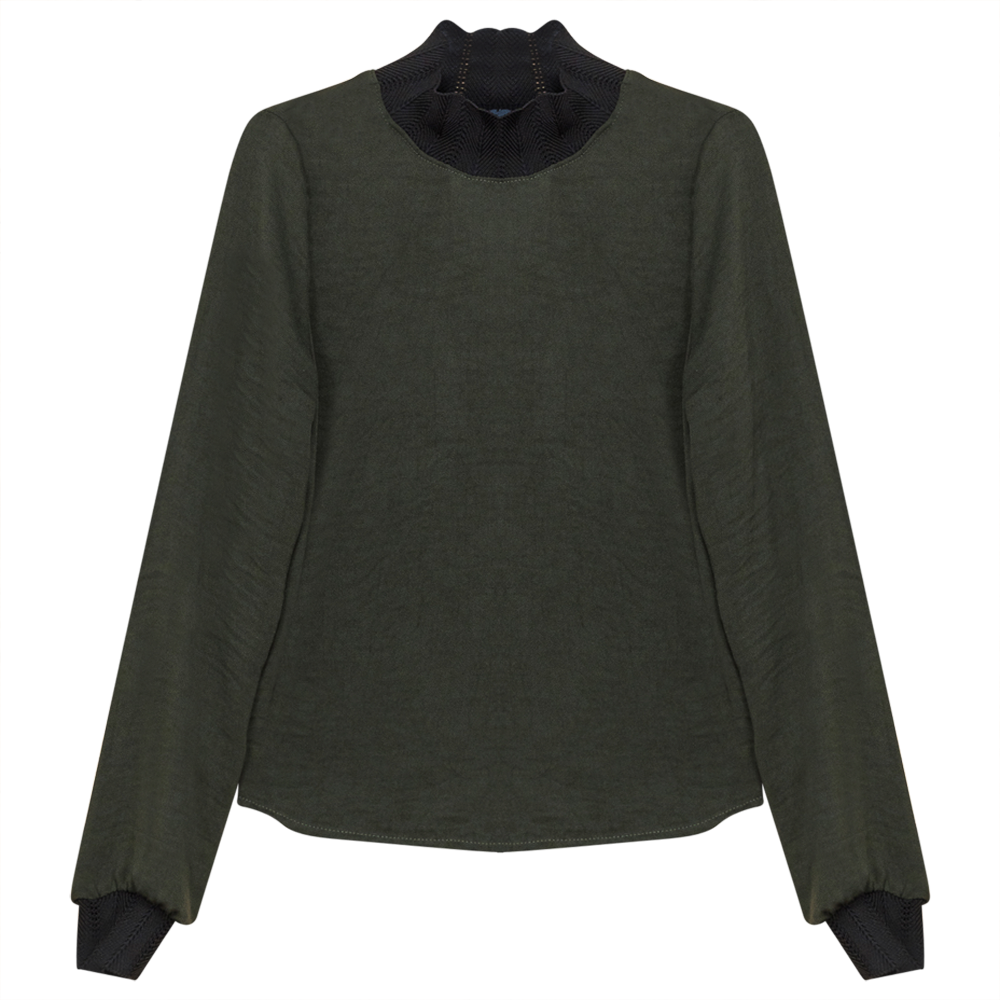 Mock Neck Top with Elastic Rib Lace olive olive