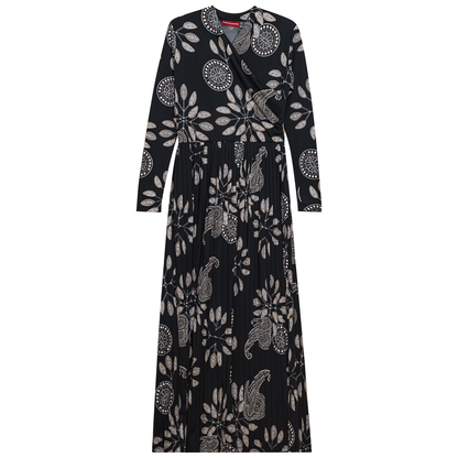 Printed Pleated Wrap Dress Black White