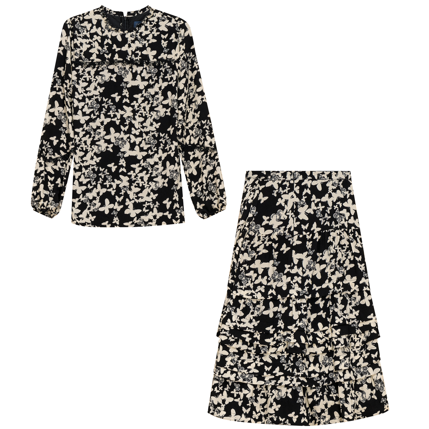 Printed Ruffled 2Pc Set Black