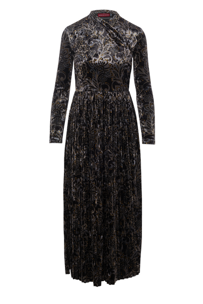 Printed Pleated Wrap Dress Black Gold Silver