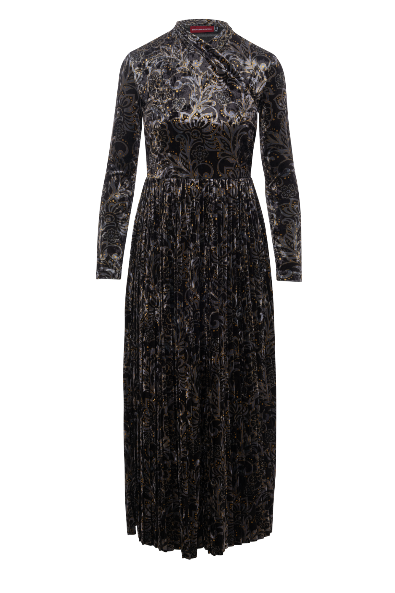 Printed Pleated Wrap Dress Black Gold Silver