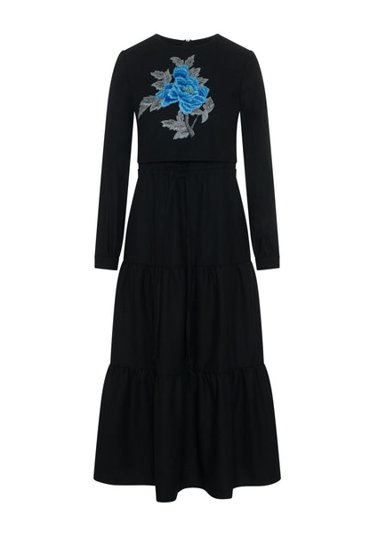 Tiered Floral Embroidered Dress Black