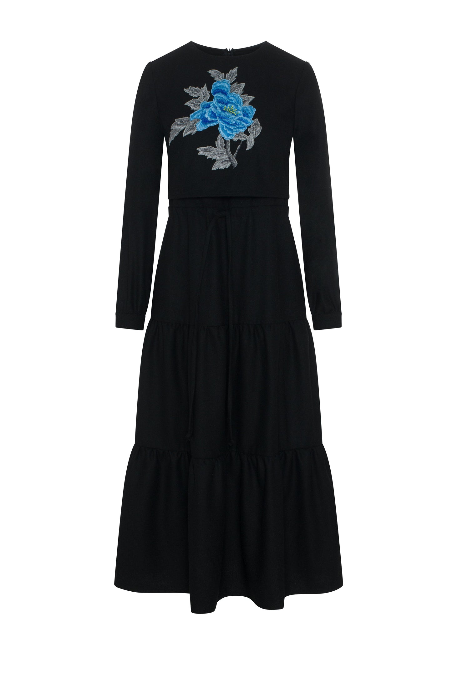 Tiered Floral Embroidered Dress Black