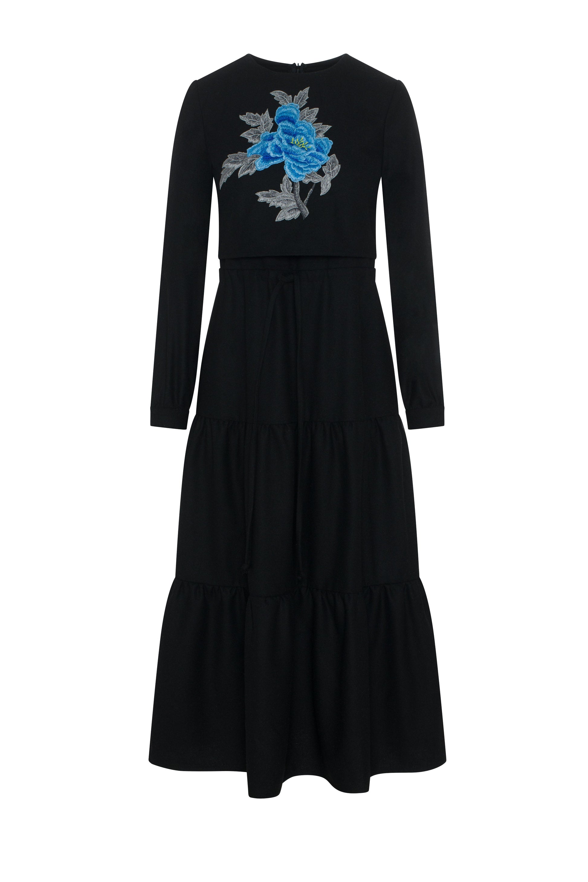 Tiered Floral Embroidered Dress Black