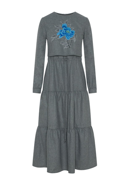 Tiered Floral Embroidered Dress Grey
