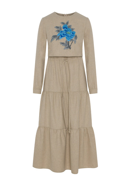 Tiered Floral Embroidered Dress Oatmeal
