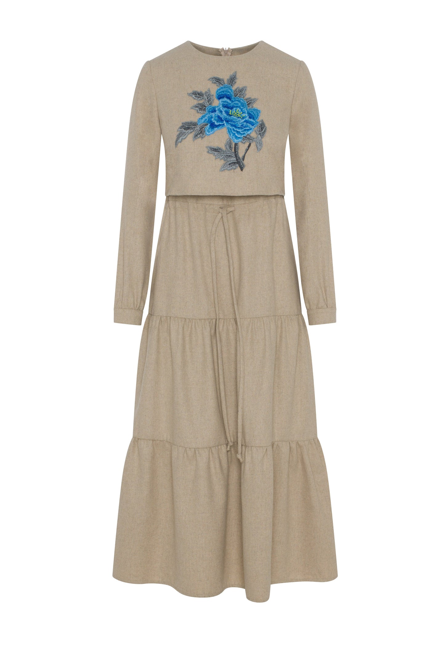 Tiered Floral Embroidered Dress Oatmeal
