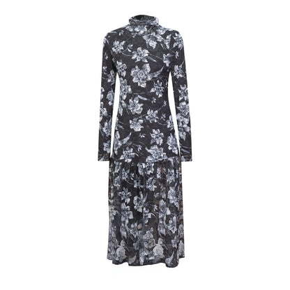 Floral Printed Sheared Dress Black White