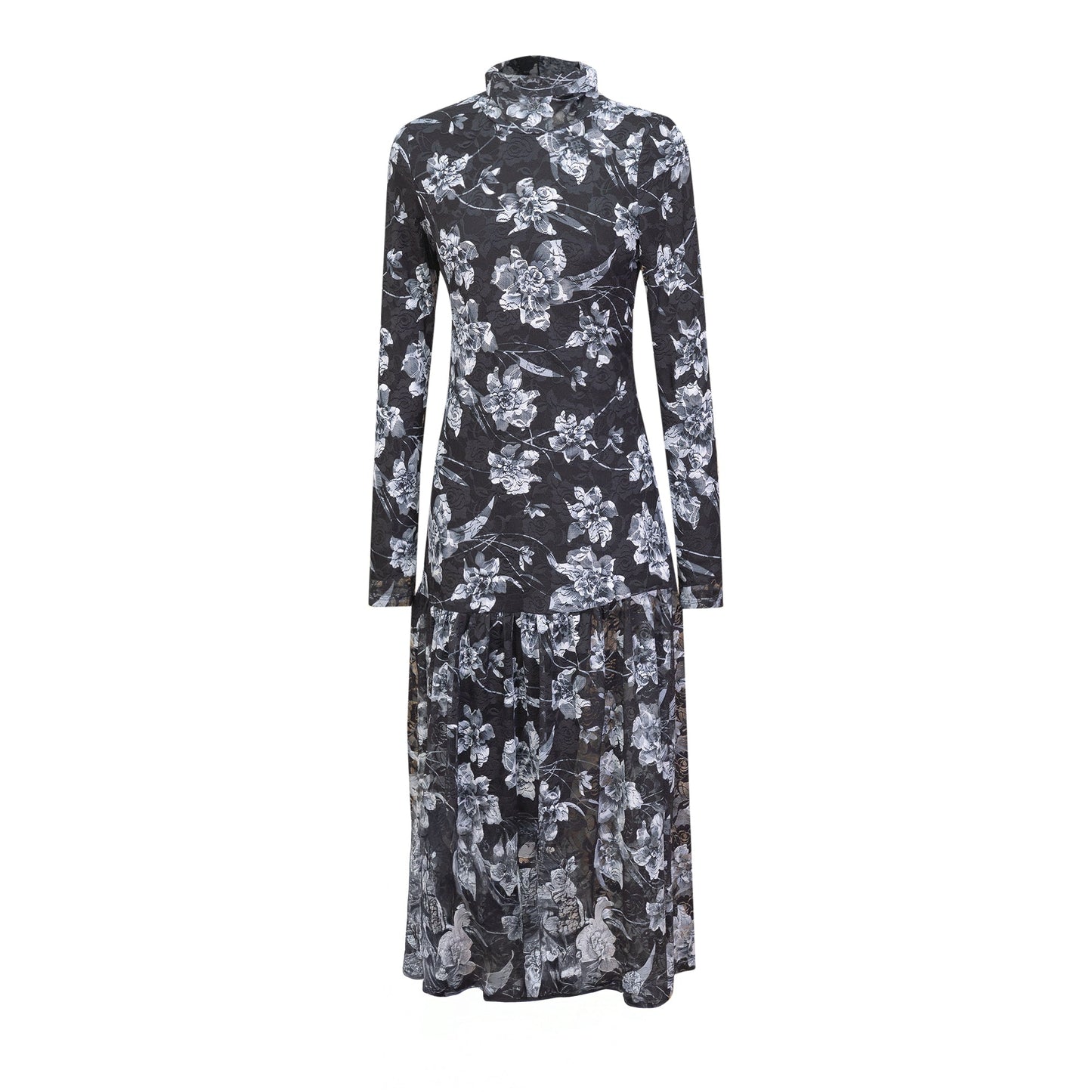 Floral Printed Sheared Dress Black White