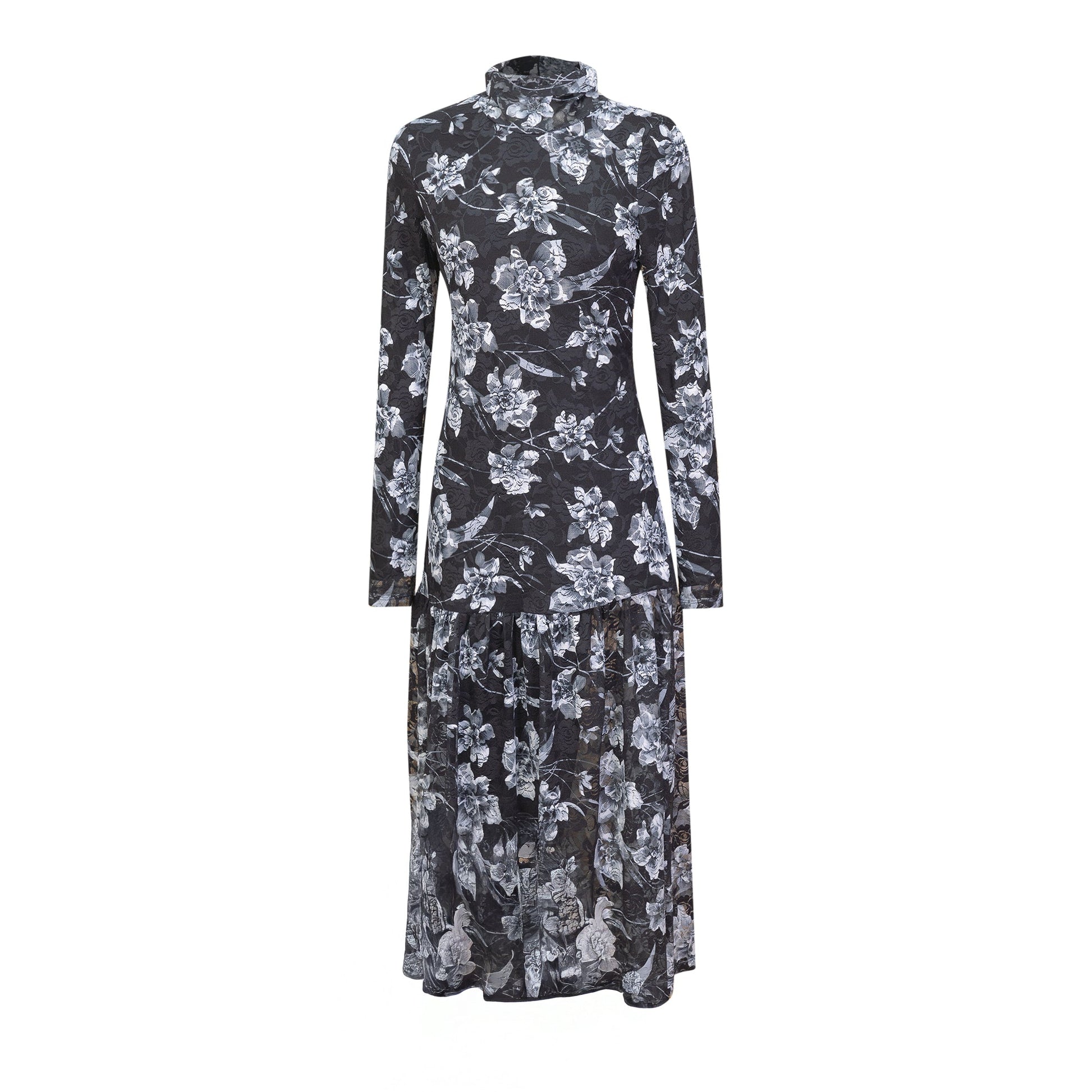 Floral Printed Sheared Dress Black White