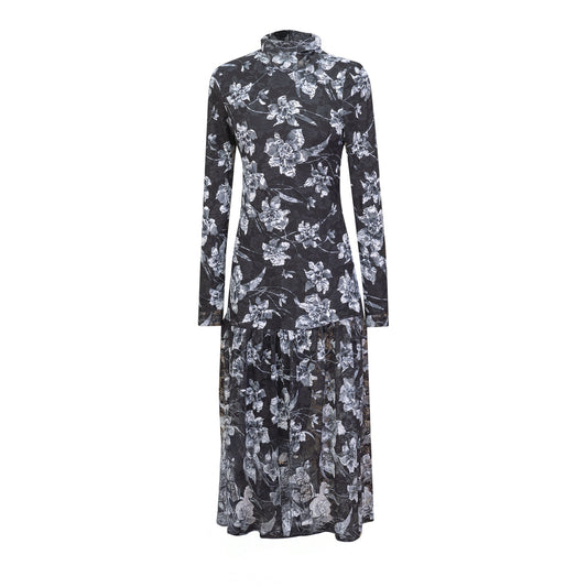 Floral Printed Sheared Dress Black White
