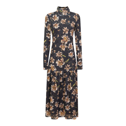 Floral Printed Sheared Dress Black Yellow