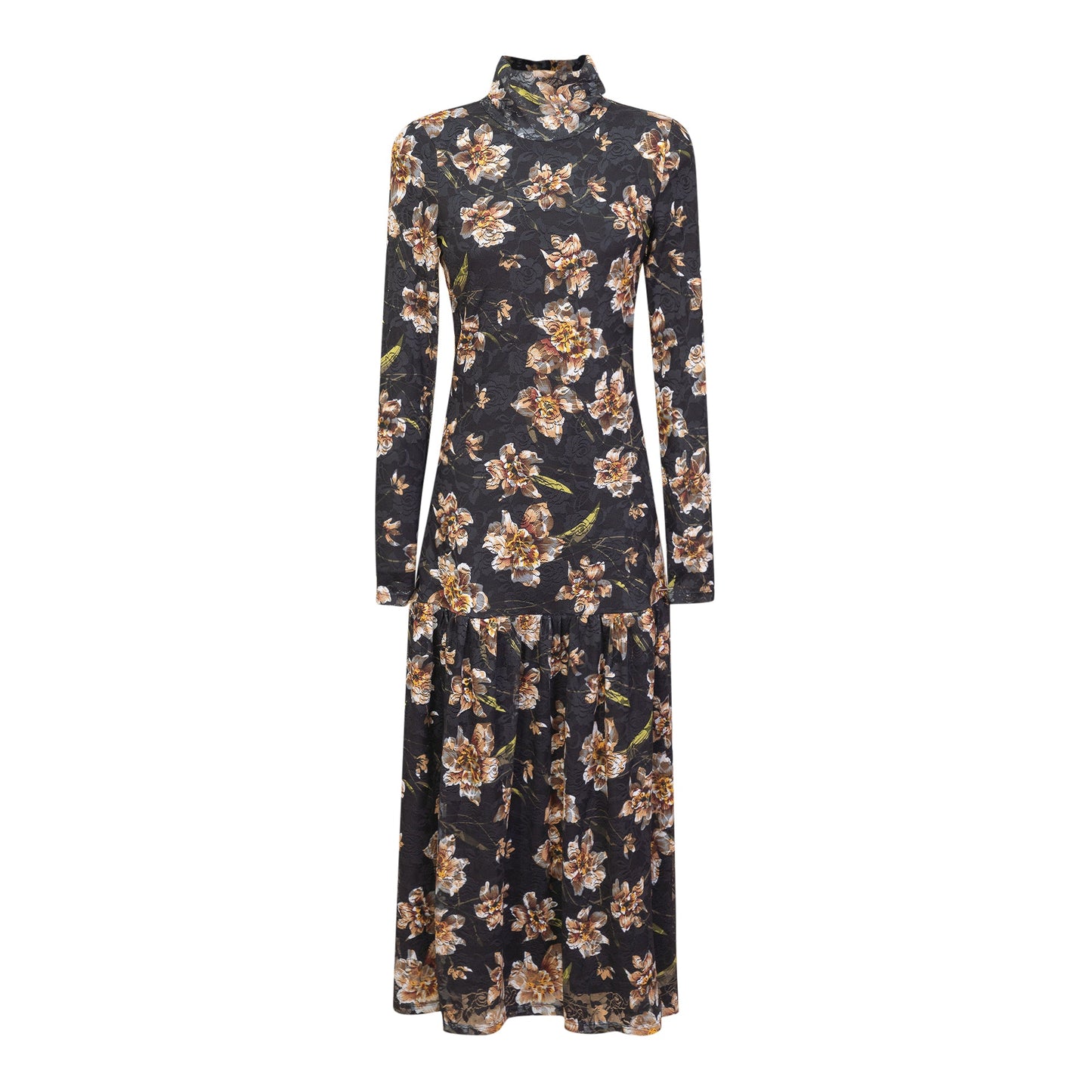 Floral Printed Sheared Dress Black Yellow