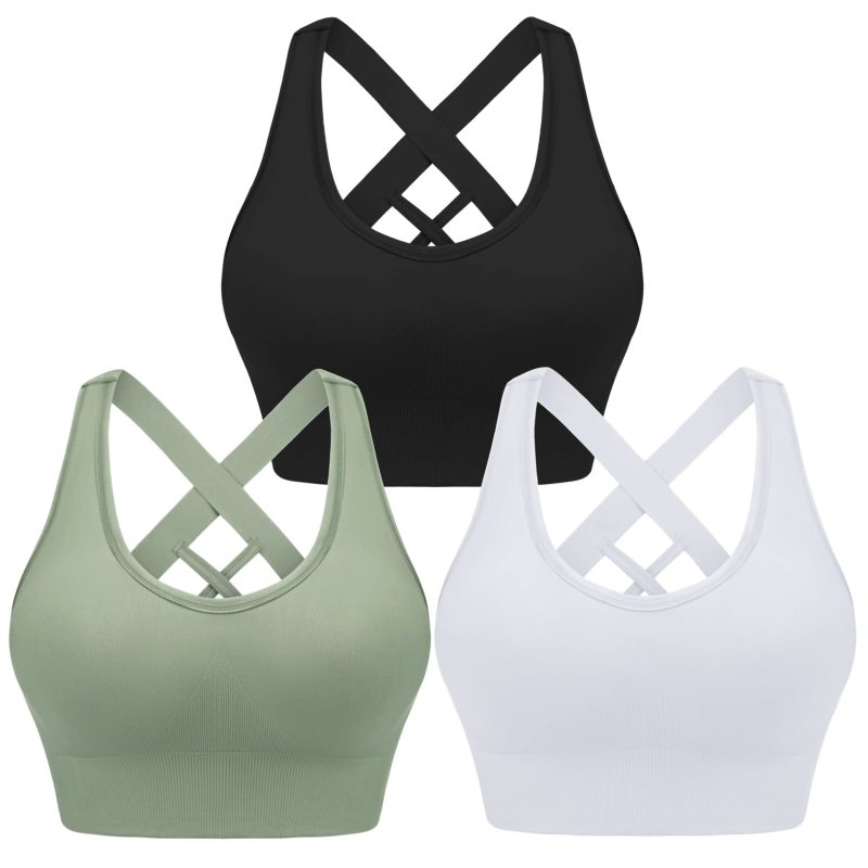 Women's Four Season Solid Nylon Sports Bra - Cross Strap Design Black+white+green