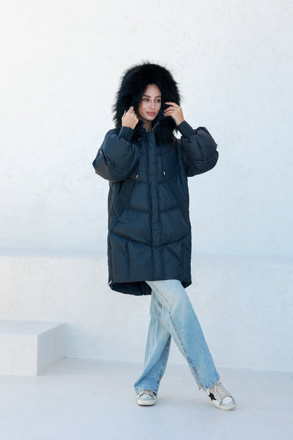 Celeste Genuine Fur Trim Down Fill Coat in Black