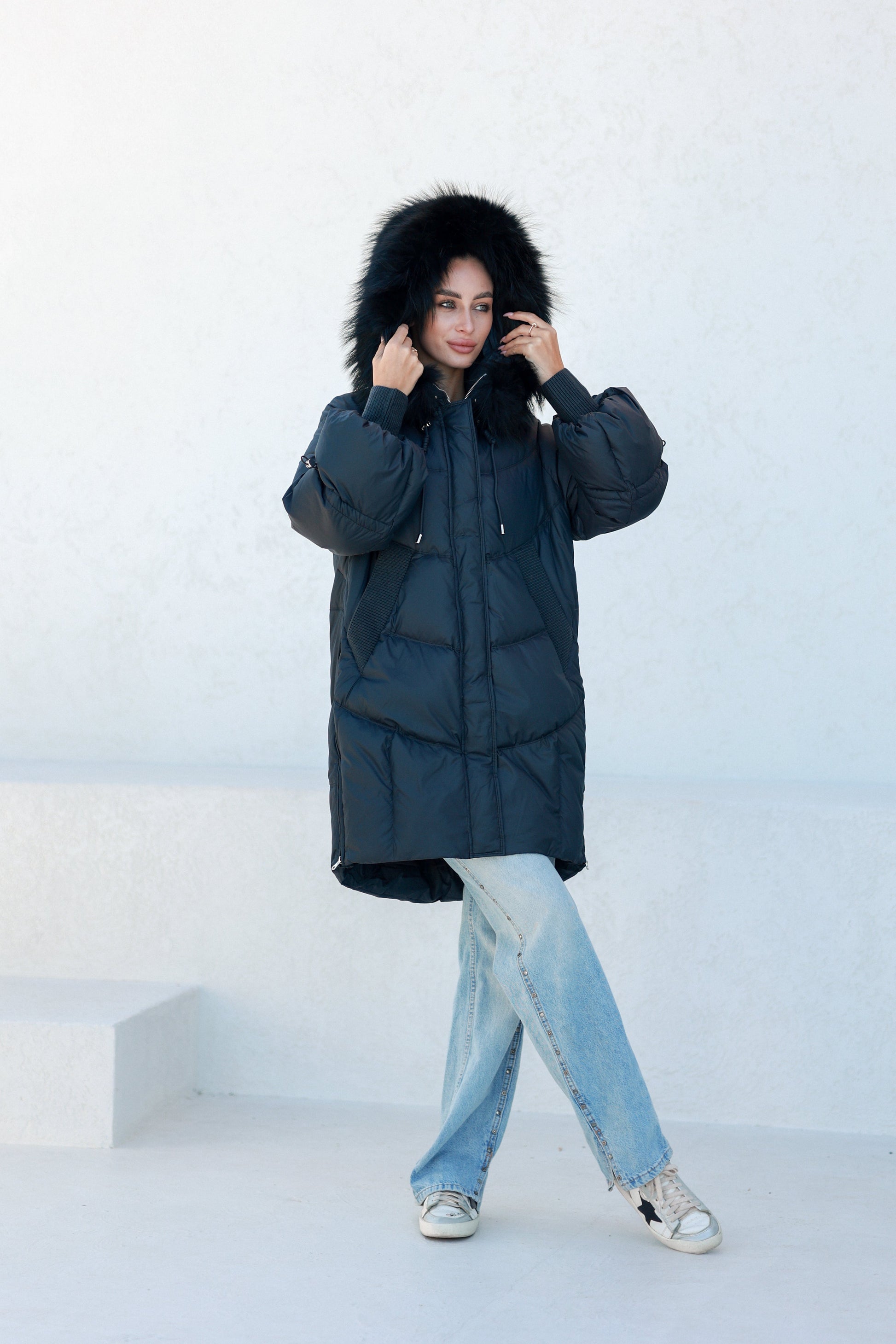 Celeste Genuine Fur Trim Down Fill Coat in Black