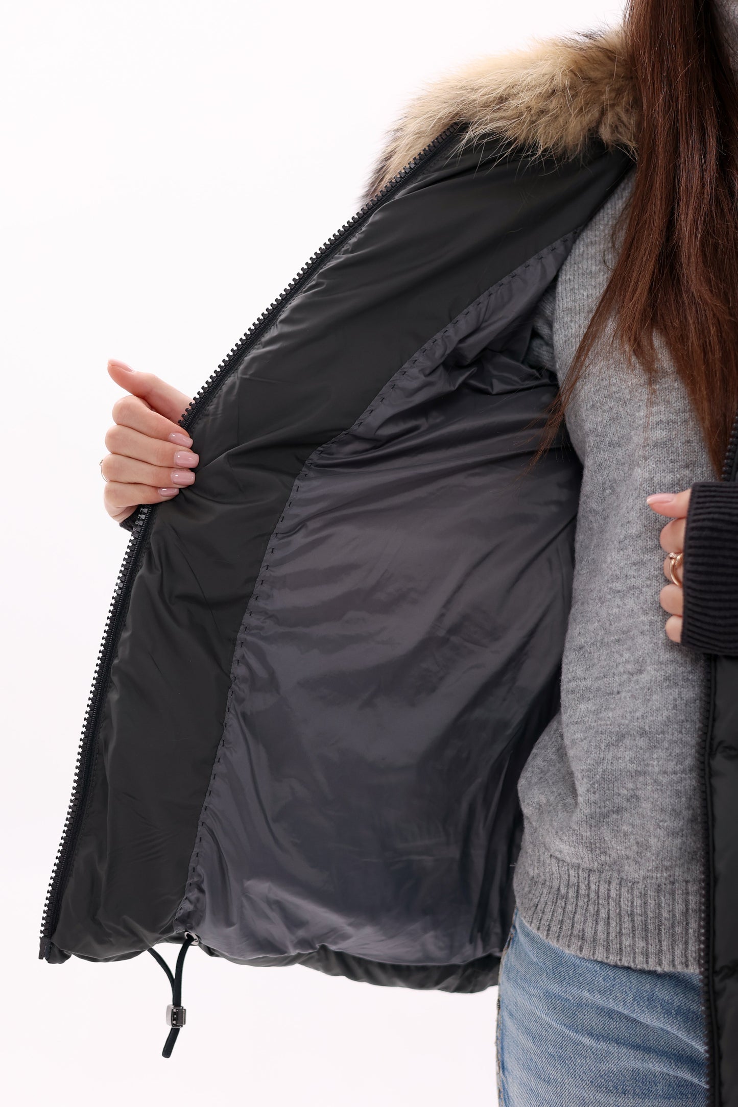 Genuine Fur Trim Down Fill Coat in Black