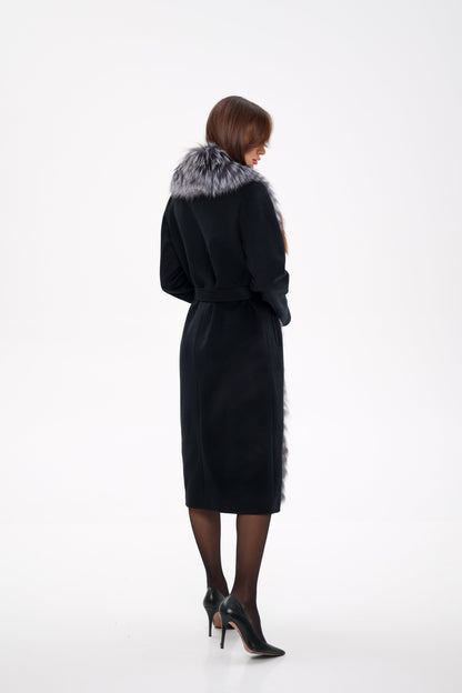 Genuine Silver Fox Virgin Wool Wrap Coat in Black