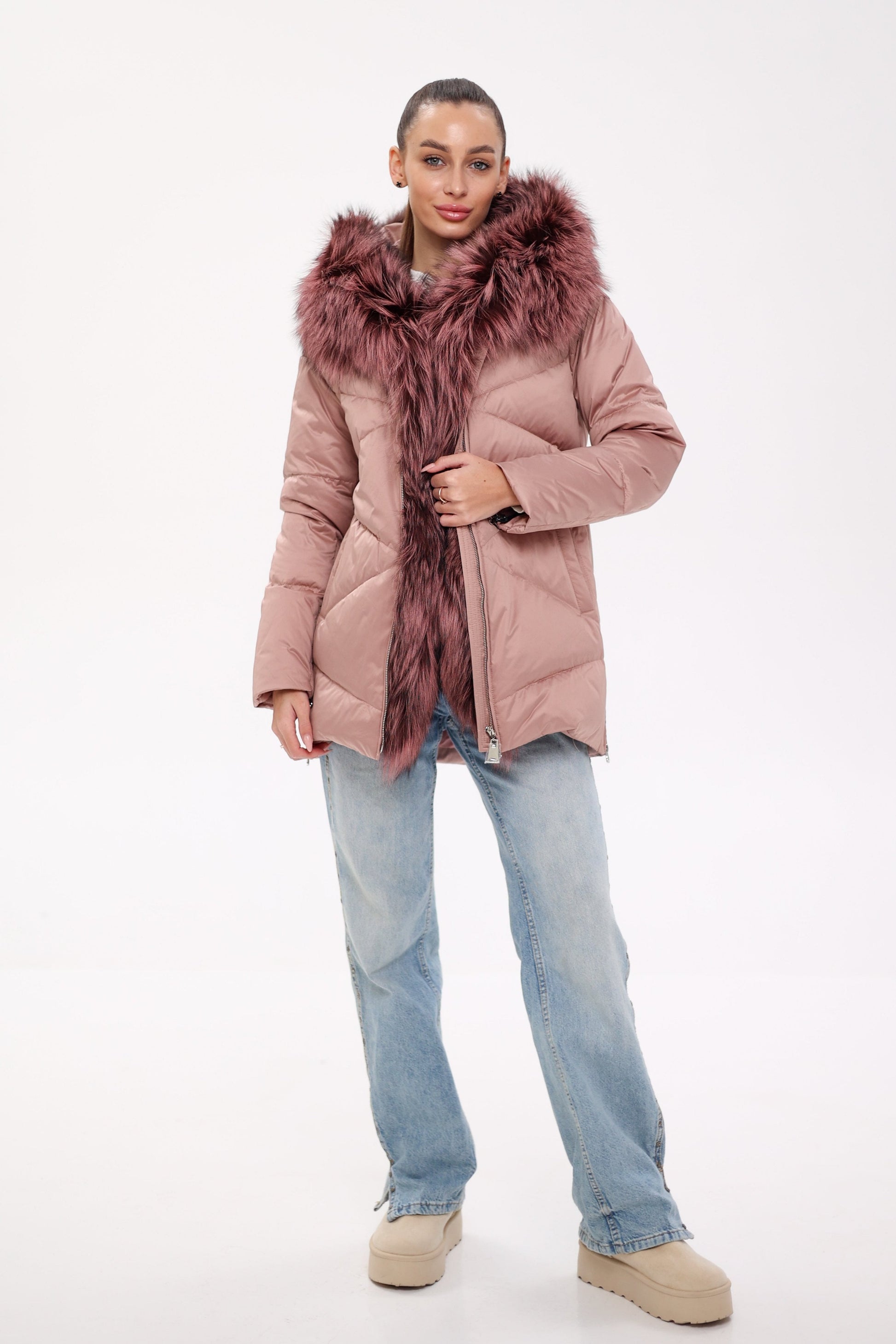 Genuine Silver Fox Fur Trim Down Insulated Parka Cold Rose