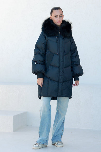 Celeste Genuine Fur Trim Down Fill Coat in Black Black