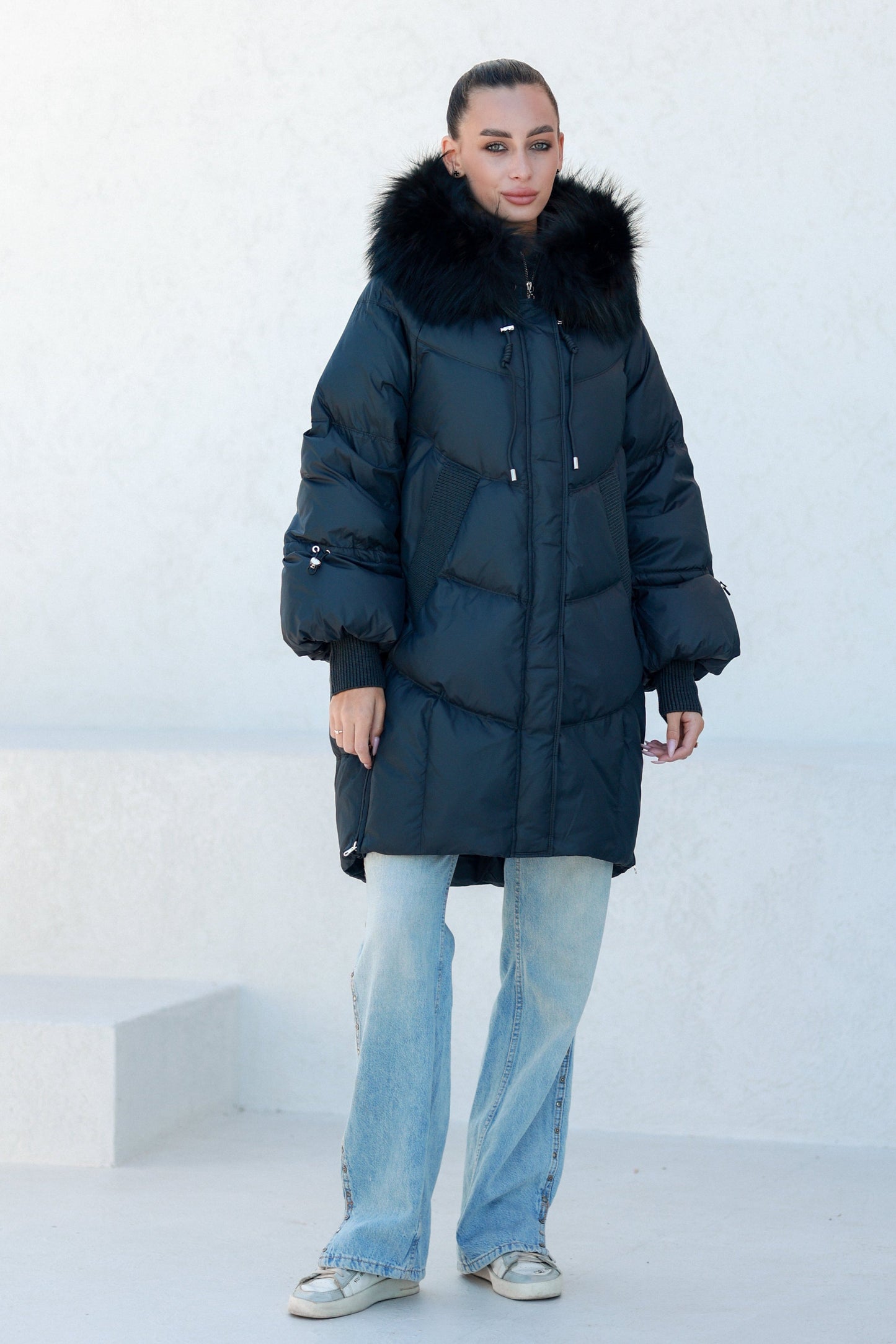 Celeste Genuine Fur Trim Down Fill Coat in Black Black