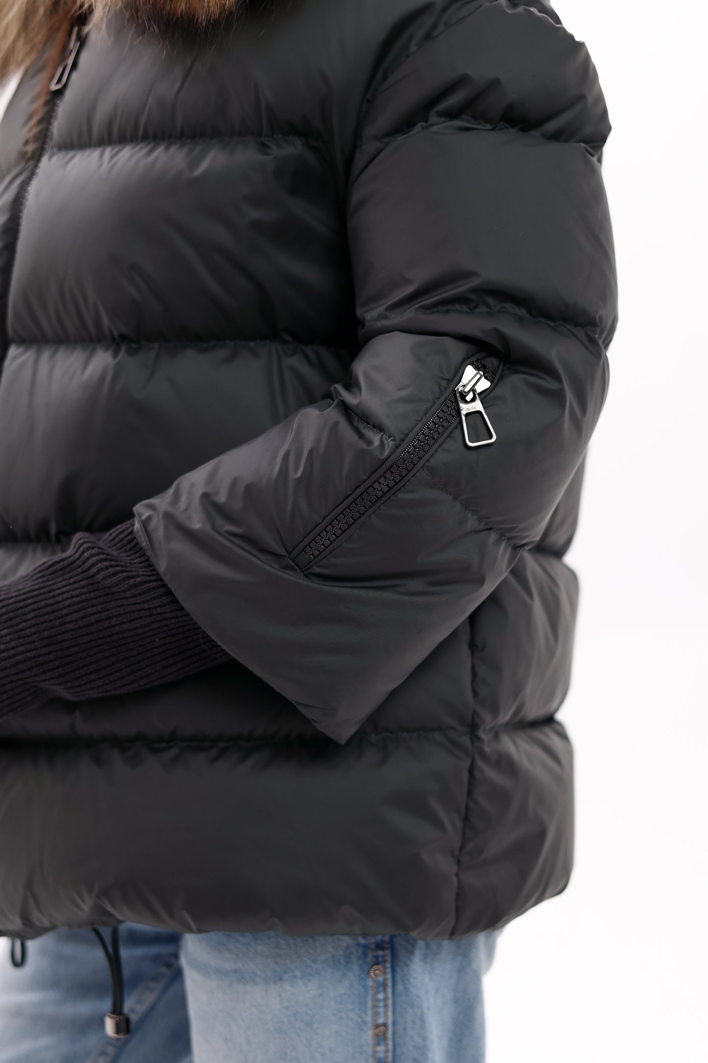 Genuine Fur Trim Down Fill Coat in Black