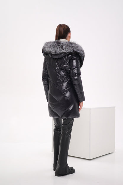 Genuine Silver Fox Fur Down Fill Coat