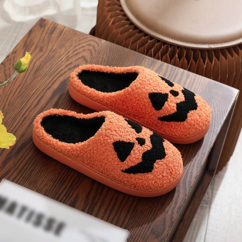 Halloween Pumpkin Pattern Unisex Home Winter Furry Slippers Orange
