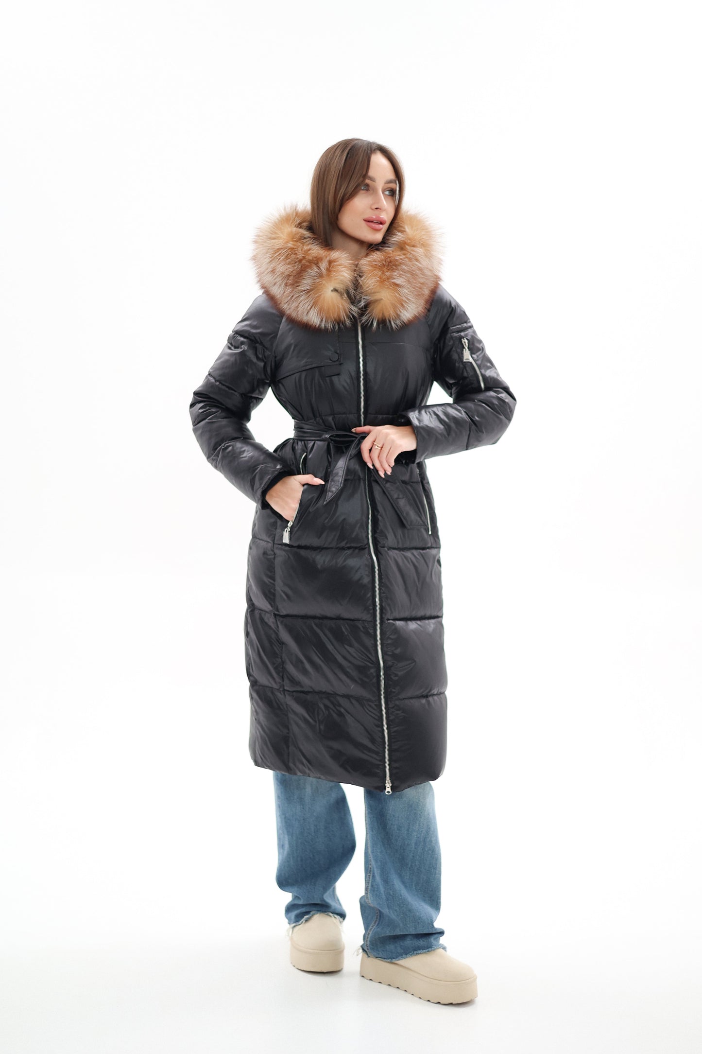 Genuine Silver Fox Fur Alternative Down Fill Coat
