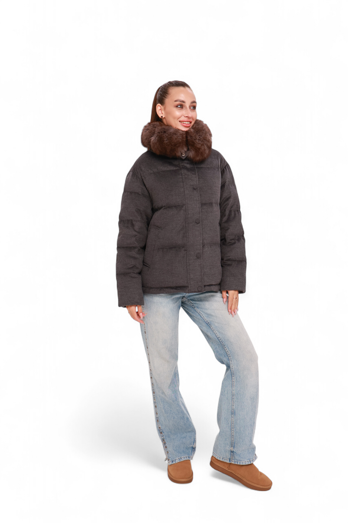 Elisa Genuine Polar Fox Fur Cashmere Effect Down Coat