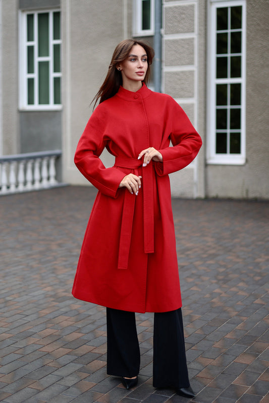 Band Collar Wool Blend Coat in Autumn Red Autumn Red