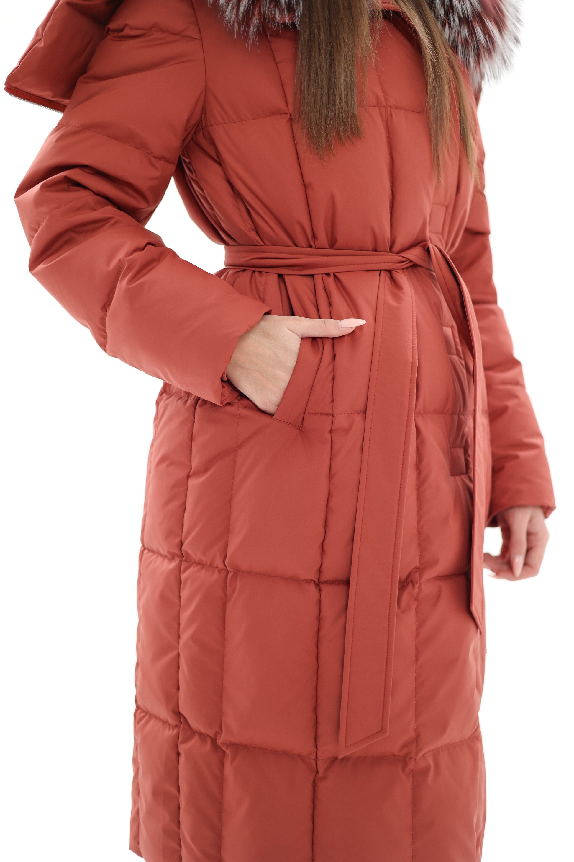 Genuine Silver Fox Fur Trim Down Coat