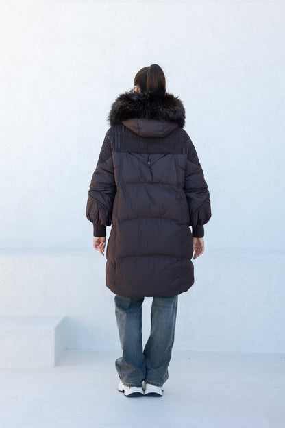 Dakota Genuine Fur Trim Down Fill Coat in Chocolate