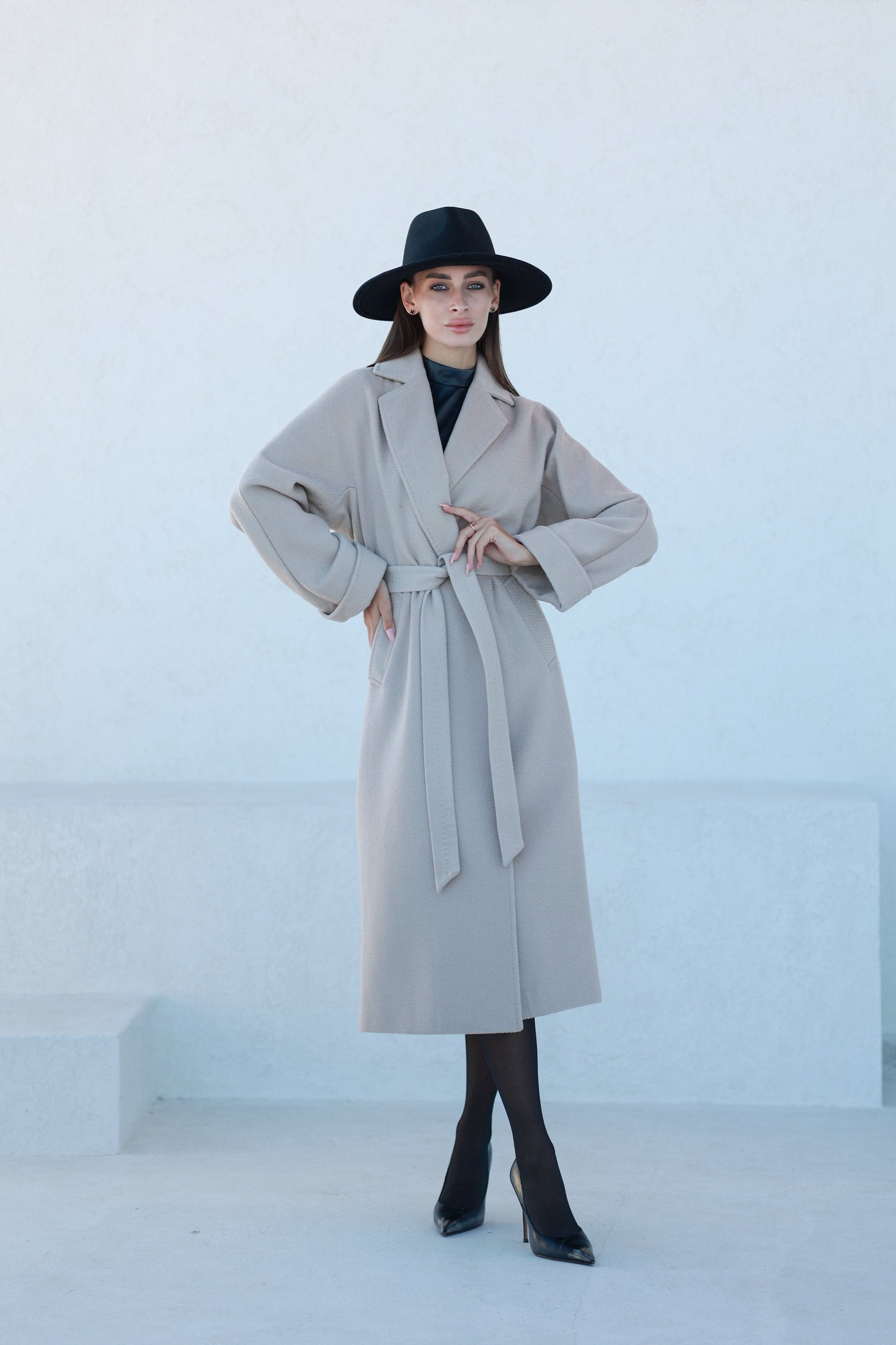 Classic Brushed Cashmere Wool Blend Overcoat in Beige