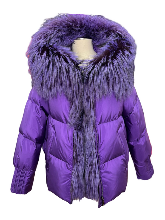 Genuine Silver Fox Fur Down Fill Parka Violet