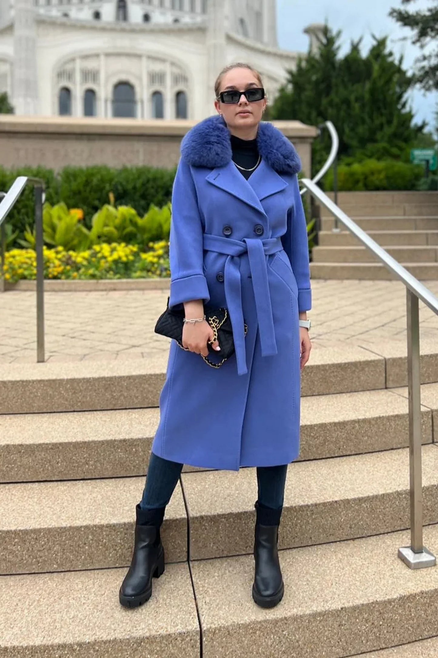 Genuine Polar Fox Collar Cashmere Wool Coat Periwinkle