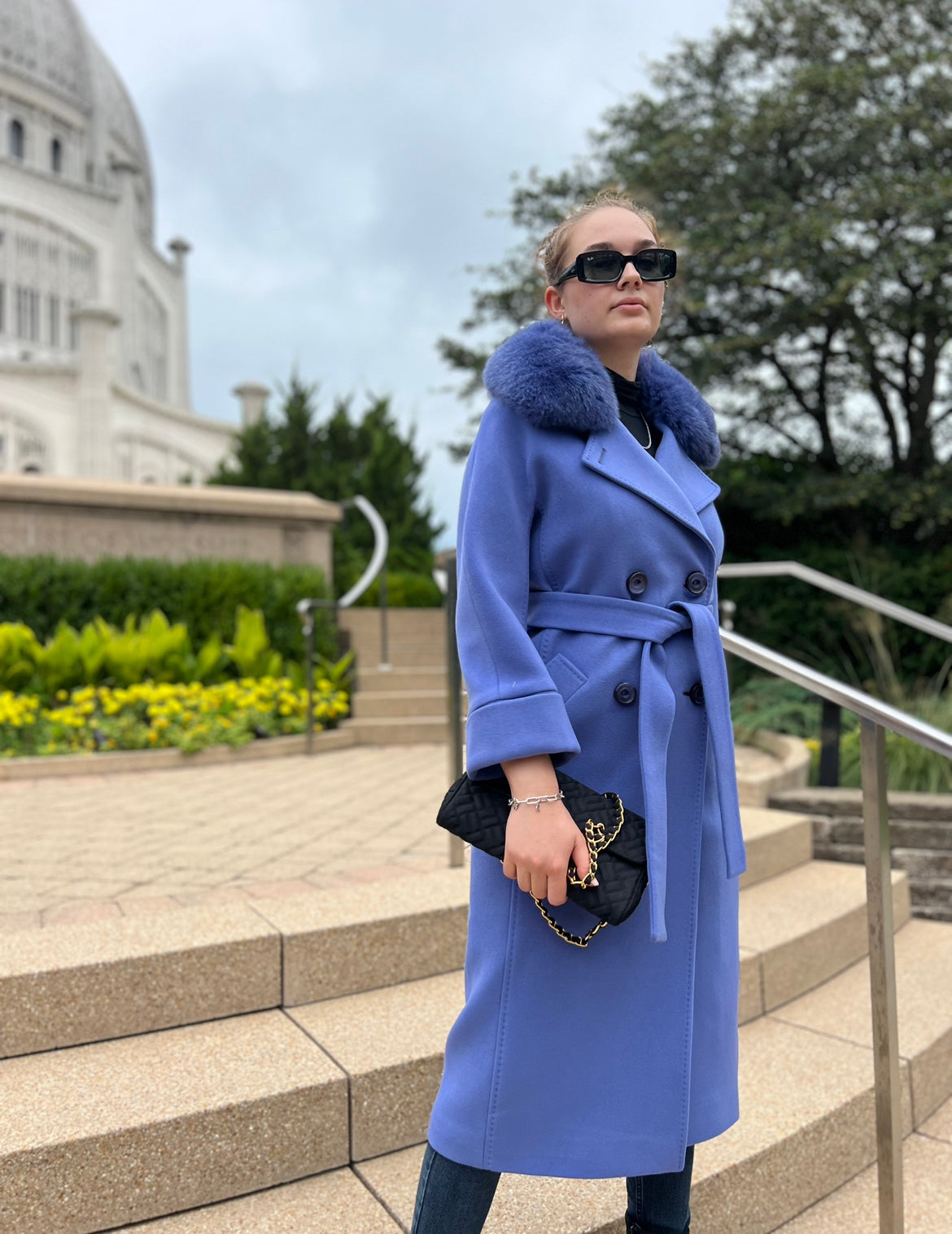 Genuine Polar Fox Collar Cashmere Wool Coat