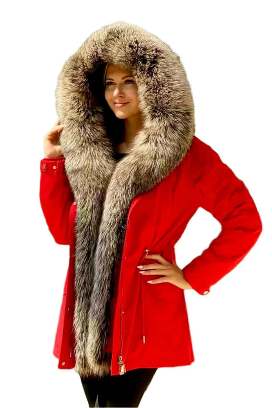 Genuine Silver Fox Fur Trim Rabbit Fur Insulated Parka Red