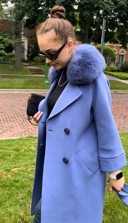 Genuine Polar Fox Collar Cashmere Wool Coat
