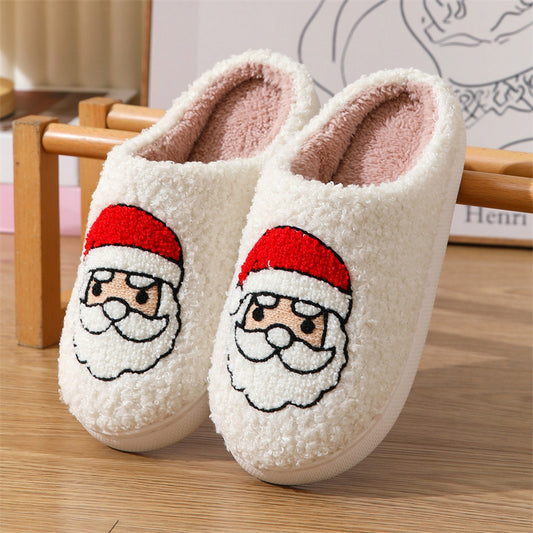 Christmas Santa Claus Pattern Cotton Slippers Indoor Home Plush Warm Slippers White