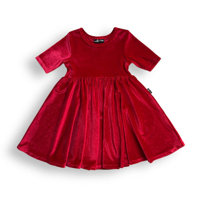 VELVET MID SLEEVE TWIRL- Ruby Red Stretch Velvet Twirl Dress